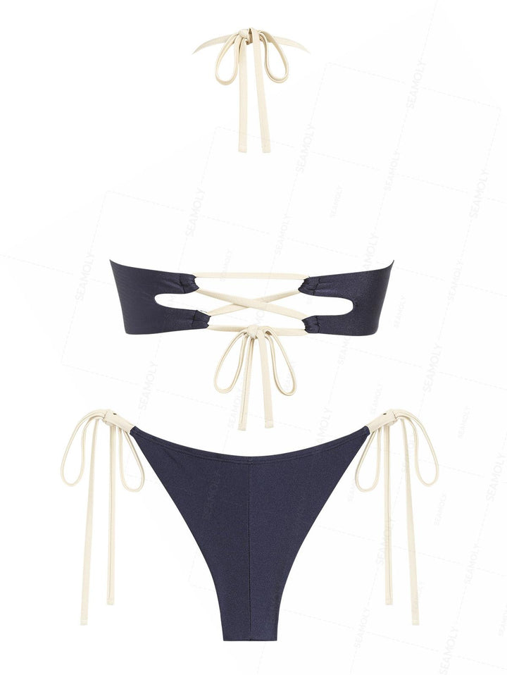 Seamolly Color Spliced Ruched Halter Top & Cheeky Brazilian Bottom Bikini Set