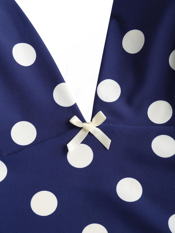 Deep Blue Polka Dot Bowknot Halter Tied Back Top & Cheeky Boyshorts Tankini Set