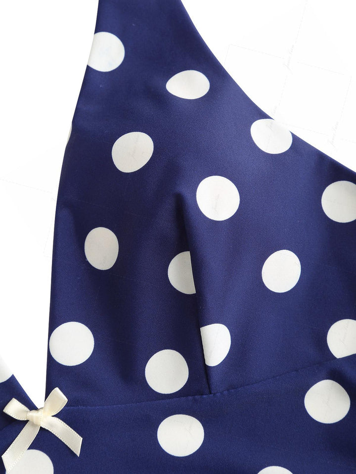 Deep Blue Polka Dot Bowknot Halter Tied Back Top & Cheeky Boyshorts Tankini Set