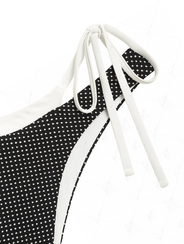 Black Pin Dot Jacquard O Ring Double Layer Bikini Set