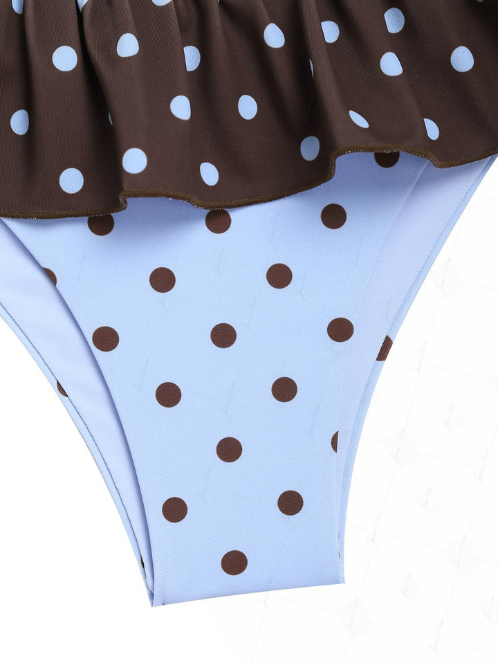 Sky Blue Polka Dot Reversible Triangle Top & Skirted Bottom Bikini Set