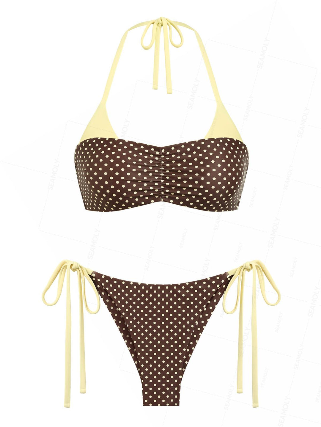 Seamolly Polka Dot Ruched Halter Top & Cheeky Brazilian Bottom Bikini Set