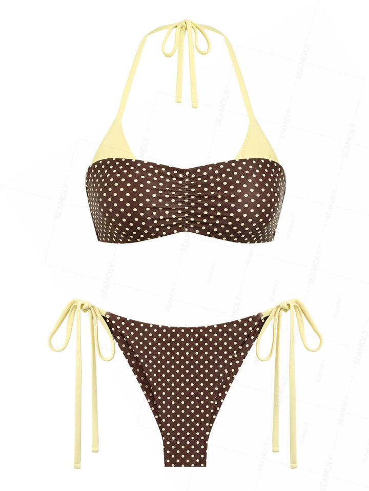 Seamolly Polka Dot Ruched Halter Top & Cheeky Brazilian Bottom Bikini Set
