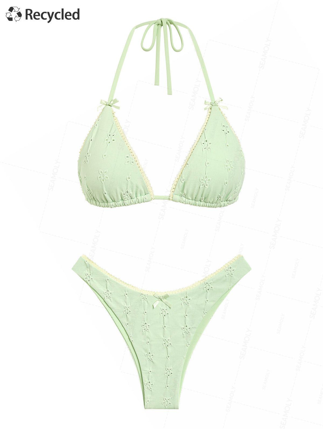 Seamolly 3 Piece Recycled Fabric Jacquard Lace Bowknot Cheeky Boyshort Bikini Set