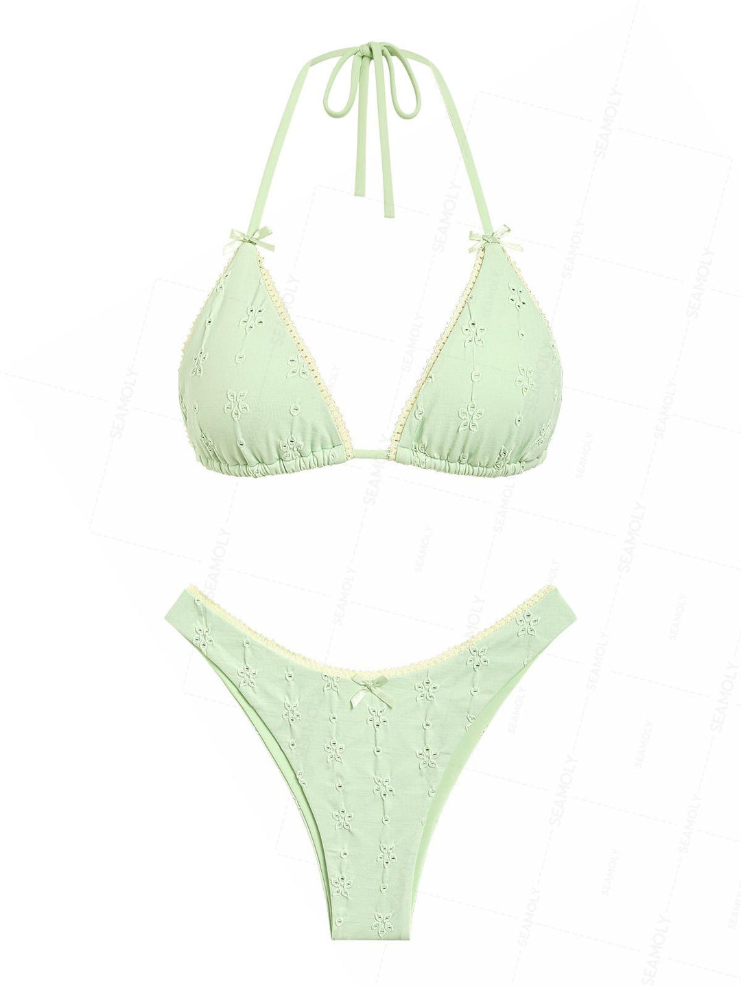 Seamolly 3 Piece Recycled Fabric Jacquard Lace Bowknot Cheeky Boyshort Bikini Set