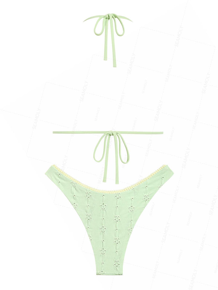 Seamolly 3 Piece Recycled Fabric Jacquard Lace Bowknot Cheeky Boyshort Bikini Set