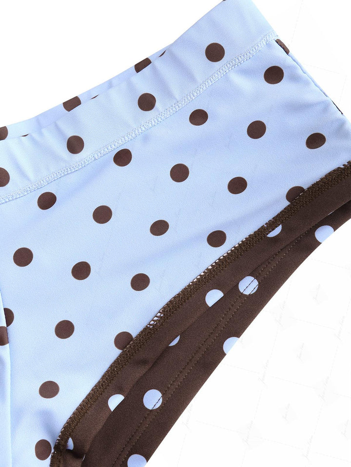 Sky Blue Polka Dot Halter Tied Back Reversible Top & Cheeky Boyshorts Tankini Set