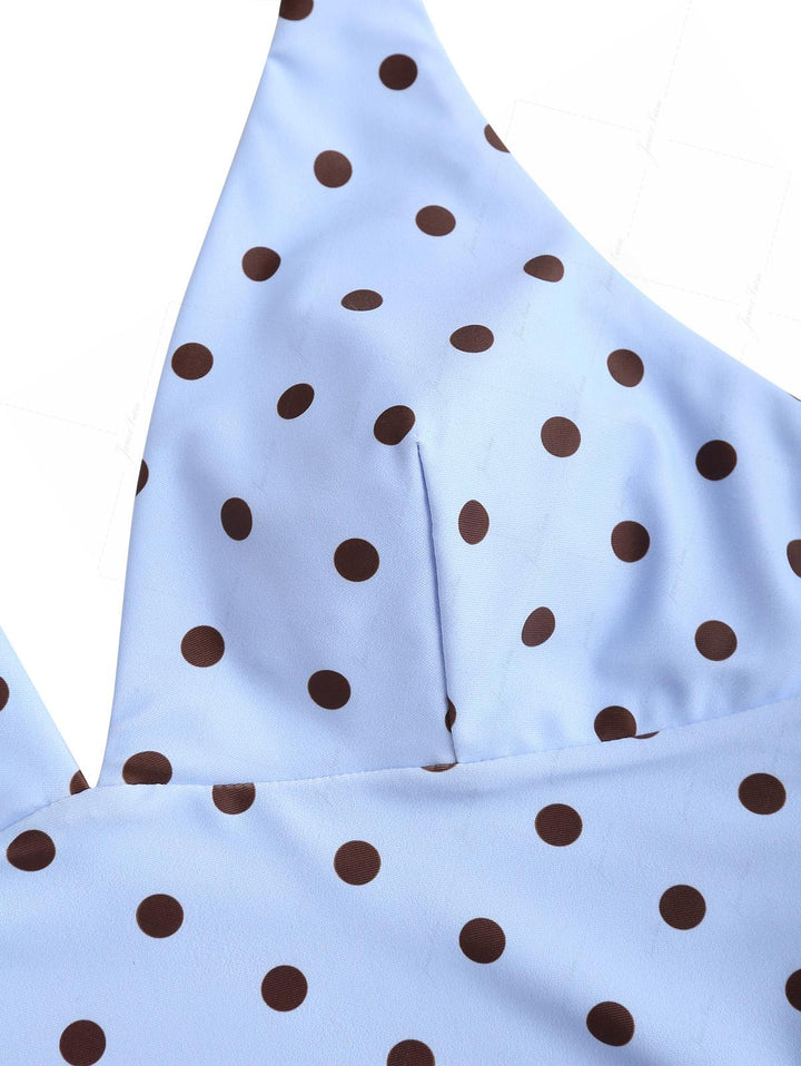Sky Blue Polka Dot Halter Tied Back Reversible Top & Cheeky Boyshorts Tankini Set