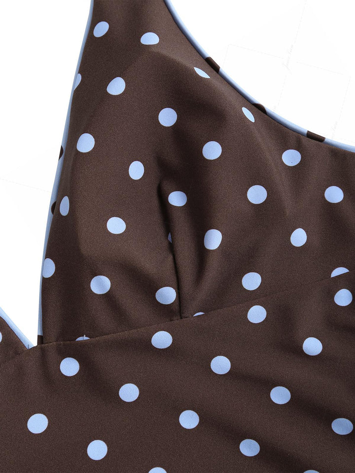 Sky Blue Polka Dot Halter Tied Back Reversible Top & Cheeky Boyshorts Tankini Set