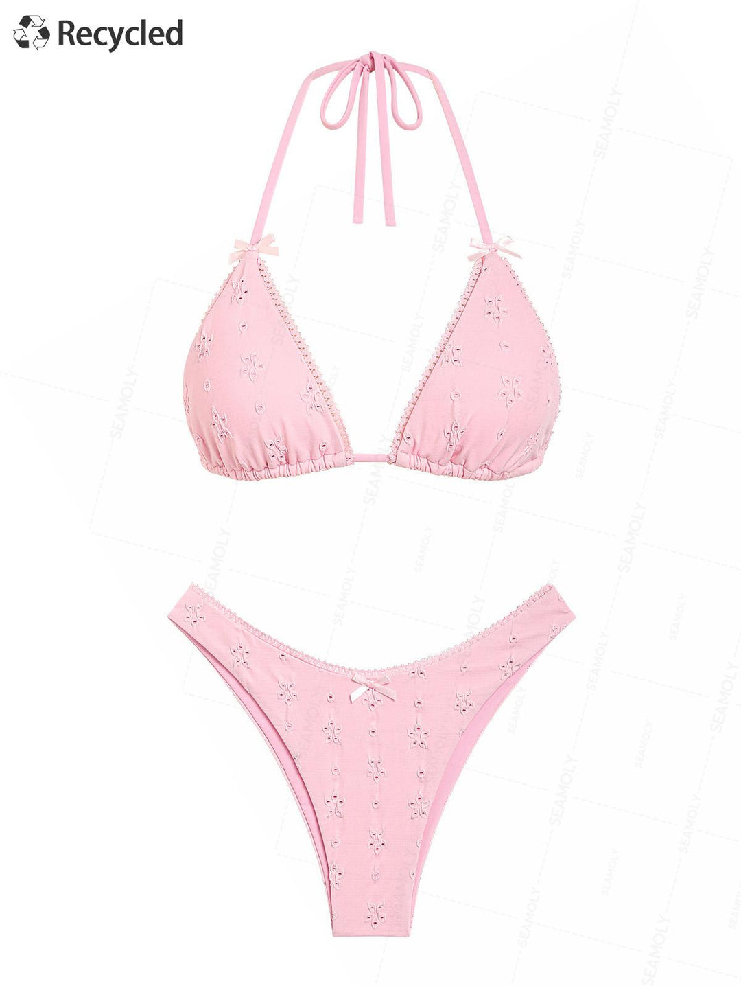 Seamolly 3 Piece Recycled Fabric Jacquard Lace Bowknot Cheeky Boyshort Bikini Set