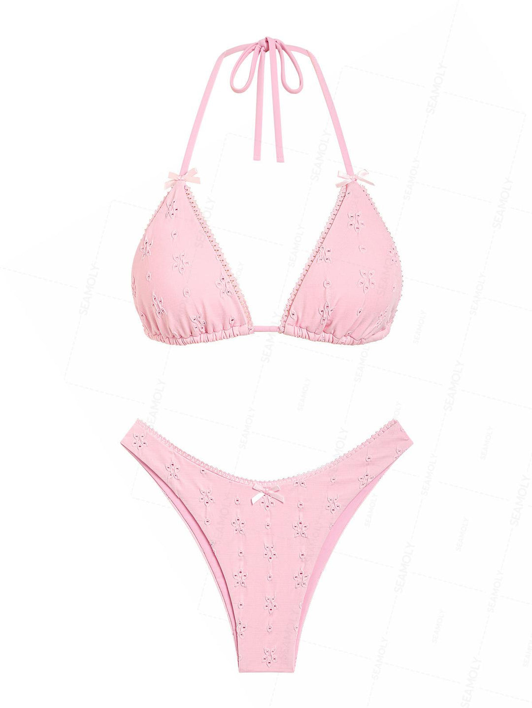 Seamolly 3 Piece Recycled Fabric Jacquard Lace Bowknot Cheeky Boyshort Bikini Set
