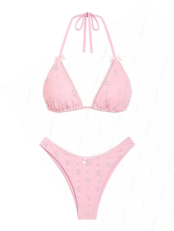Seamolly 3 Piece Recycled Fabric Jacquard Lace Bowknot Cheeky Boyshort Bikini Set