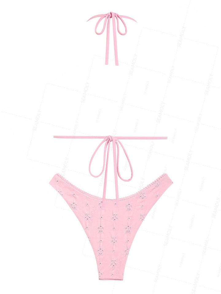 Seamolly 3 Piece Recycled Fabric Jacquard Lace Bowknot Cheeky Boyshort Bikini Set