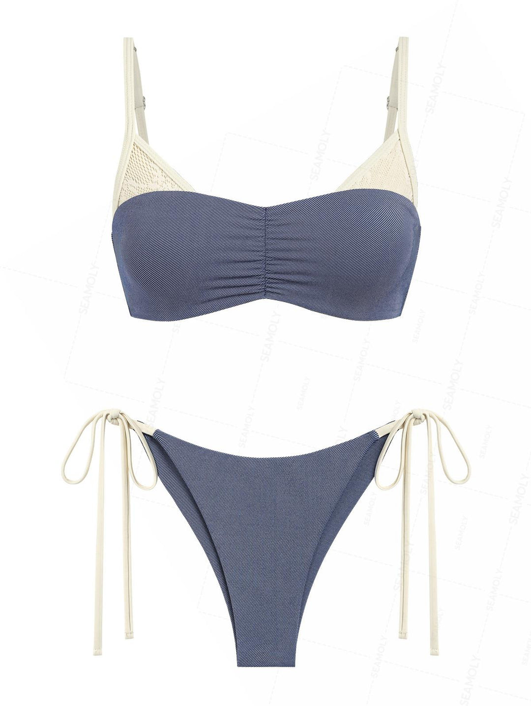 Seamolly Denim Lace Spliced Ruched Top & Cheeky Brazilian Bottom Bikini Set