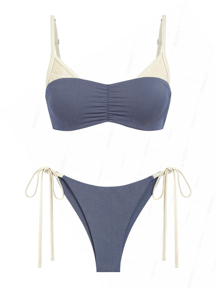 Seamolly Denim Lace Spliced Ruched Top & Cheeky Brazilian Bottom Bikini Set