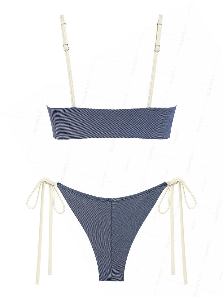 Seamolly Denim Lace Spliced Ruched Top & Cheeky Brazilian Bottom Bikini Set
