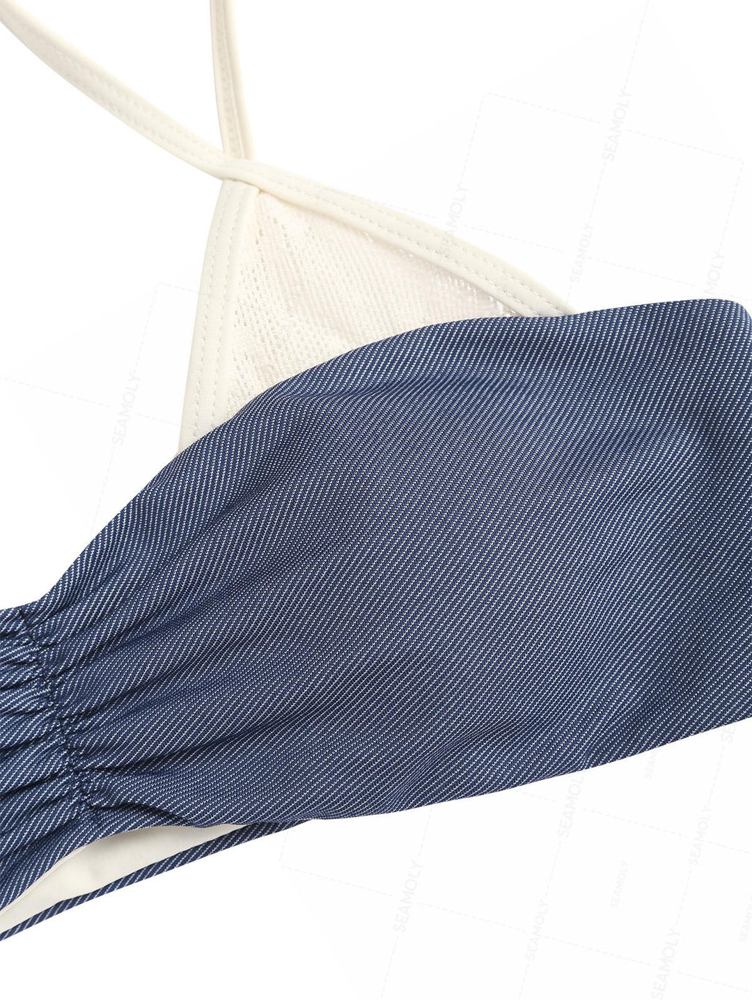 Seamolly Denim Lace Spliced Ruched Top & Cheeky Brazilian Bottom Bikini Set