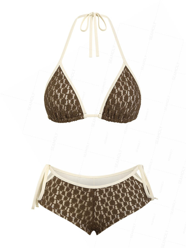 Seamolly Lace Contrast Binding Cutout Tied Cheeky Boyshorts Bikini Set