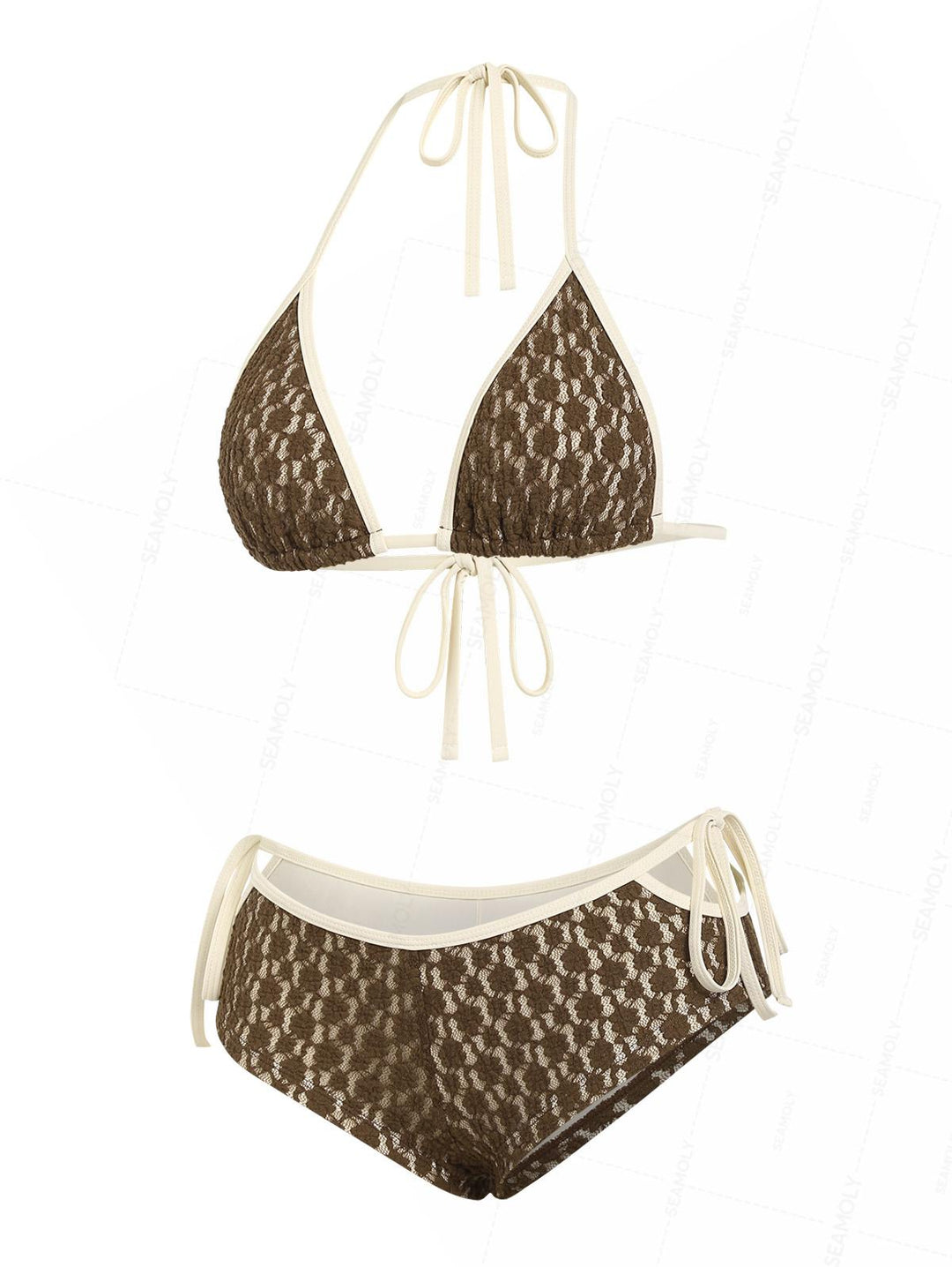 Seamolly Lace Contrast Binding Cutout Tied Cheeky Boyshorts Bikini Set