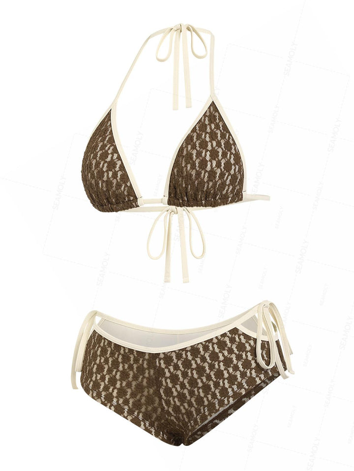 Seamolly Lace Contrast Binding Cutout Tied Cheeky Boyshorts Bikini Set