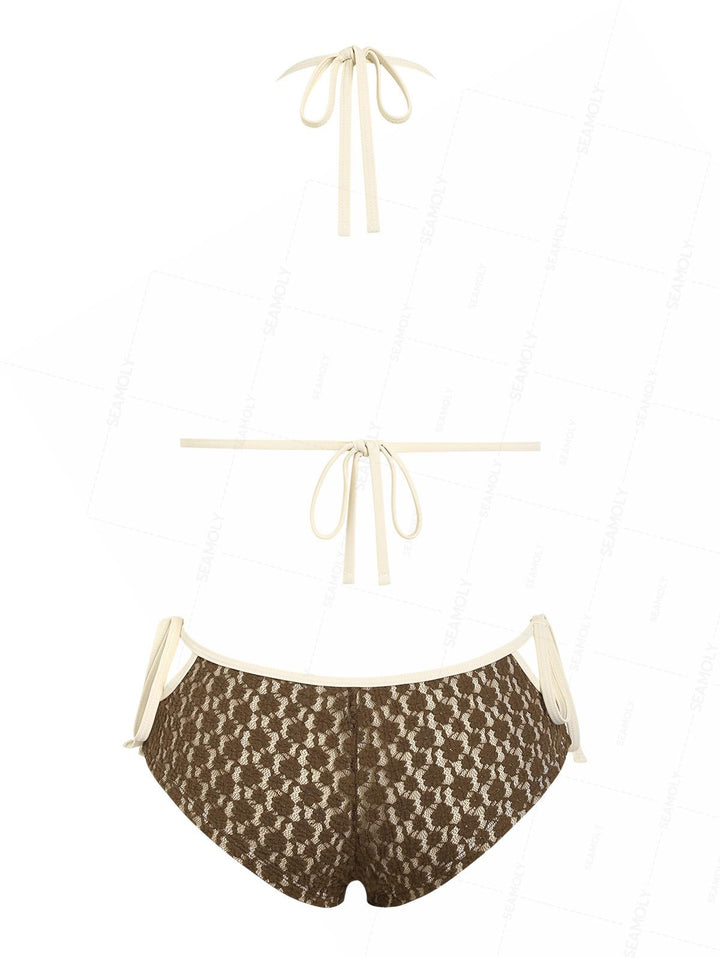 Seamolly Lace Contrast Binding Cutout Tied Cheeky Boyshorts Bikini Set