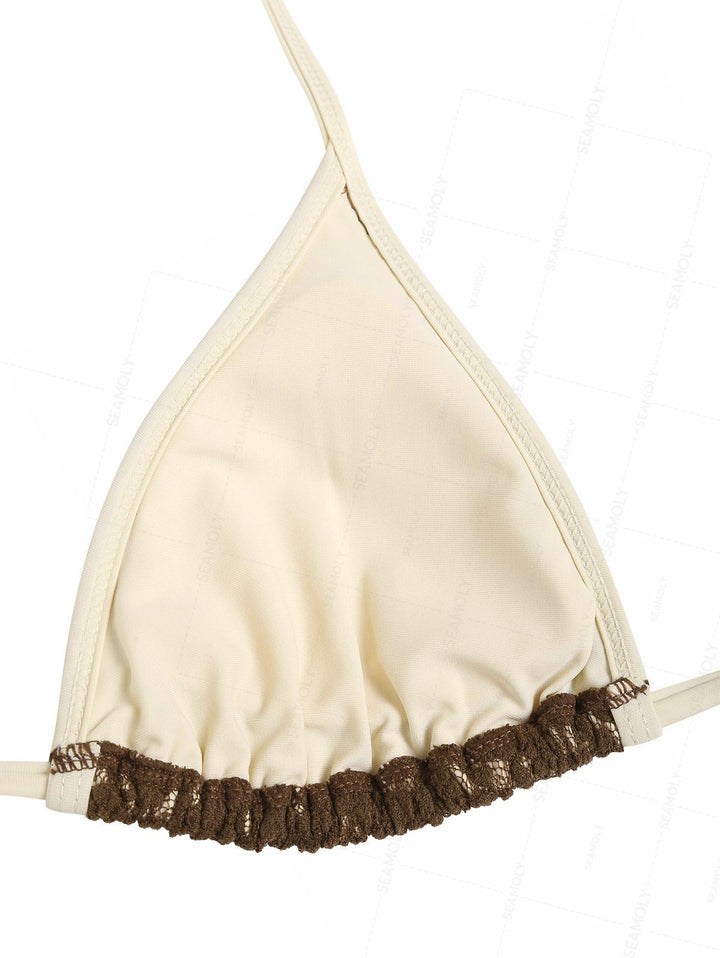 Seamolly Lace Contrast Binding Cutout Tied Cheeky Boyshorts Bikini Set