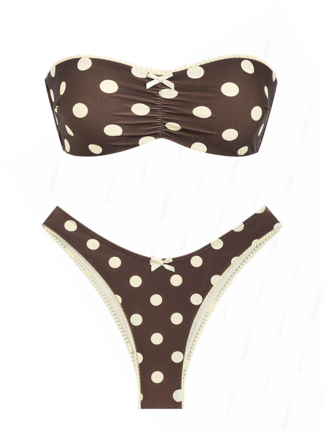 Seamolly Polka Dot Bowknot Ruched Lace Up Back Bandeau Bikini Set