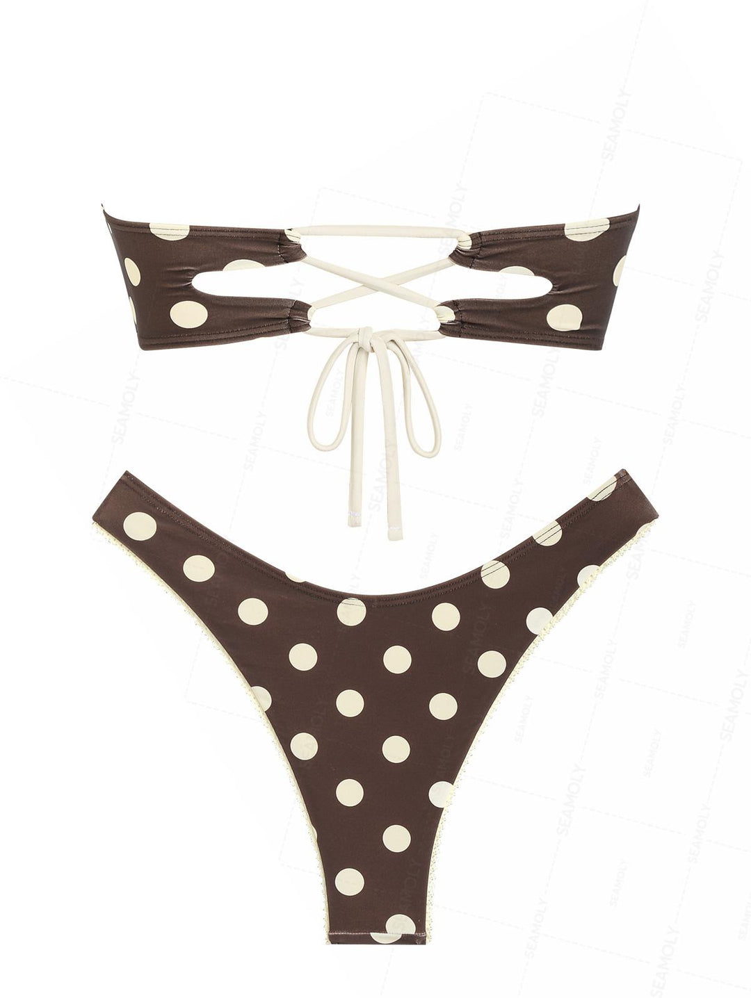 Seamolly Polka Dot Bowknot Ruched Lace Up Back Bandeau Bikini Set