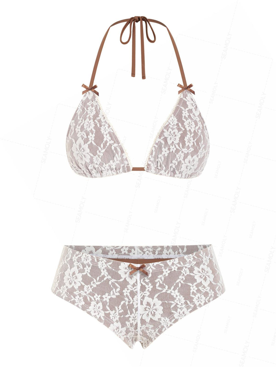 Seamolly Lace Floral Bowknot Triangle Cheeky Boyshorts Bikini Set