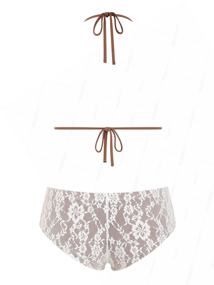 Seamolly Lace Floral Bowknot Triangle Cheeky Boyshorts Bikini Set