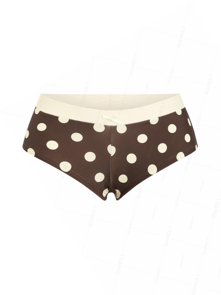 Seamolly 3 Piece Polka Dot Bowknot Lace Up Bandeau Cheeky Boyshort Bikini Set