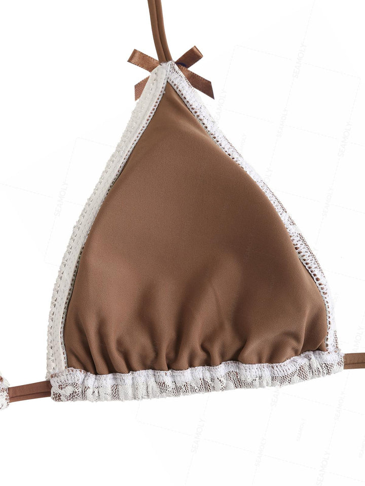Seamolly Lace Floral Bowknot Triangle Cheeky Boyshorts Bikini Set