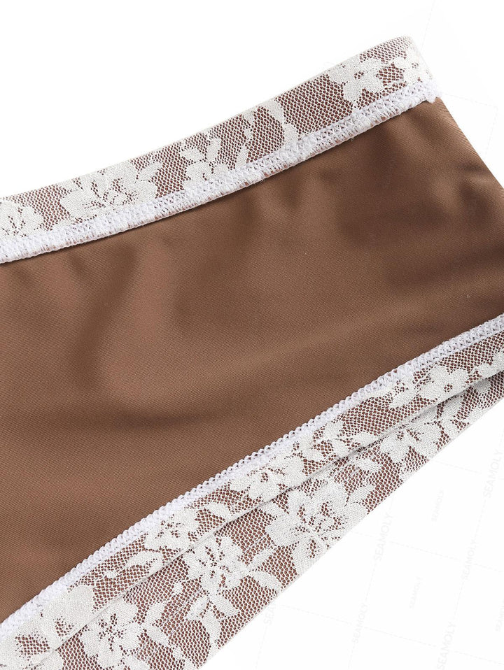 Seamolly Lace Floral Bowknot Triangle Cheeky Boyshorts Bikini Set