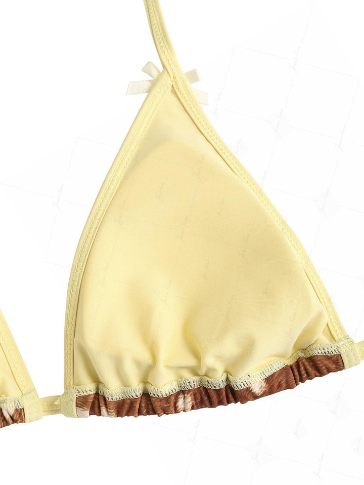 Brown Deer Print Bowknot Contrast Binding Triangle Top & Cheeky Brazilian Bottom Bikini Set