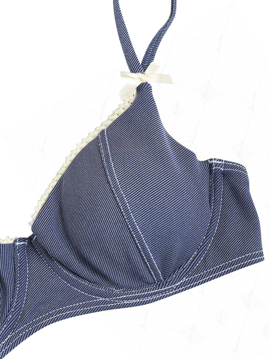 Deep Blue Denim Lace Bowknot Underwire Cheeky Boyshorts Bikini Set