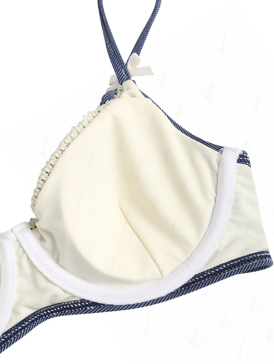 Deep Blue Denim Lace Bowknot Underwire Cheeky Boyshorts Bikini Set