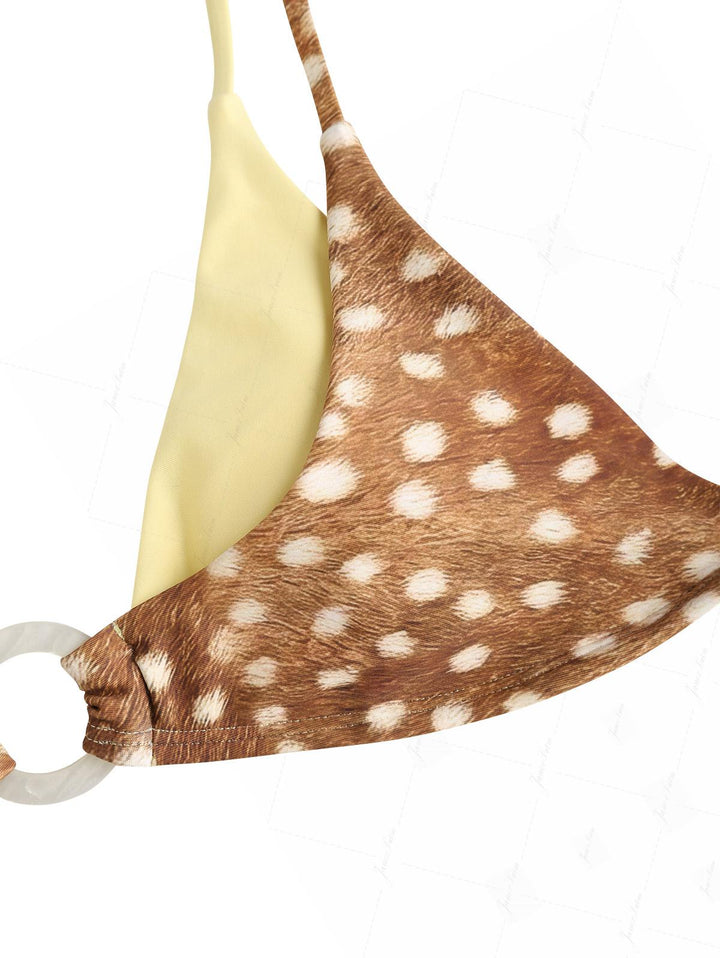 Brown Deer Print O Ring Double Layer Top & Cheeky Brazilian Bottom Bikini Set
