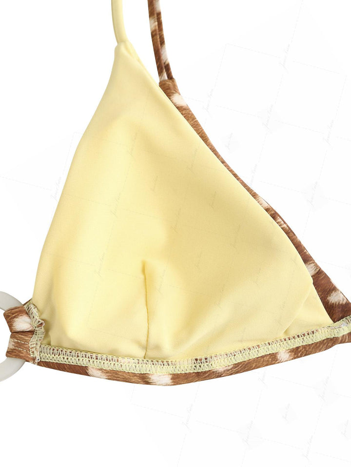 Brown Deer Print O Ring Double Layer Top & Cheeky Brazilian Bottom Bikini Set
