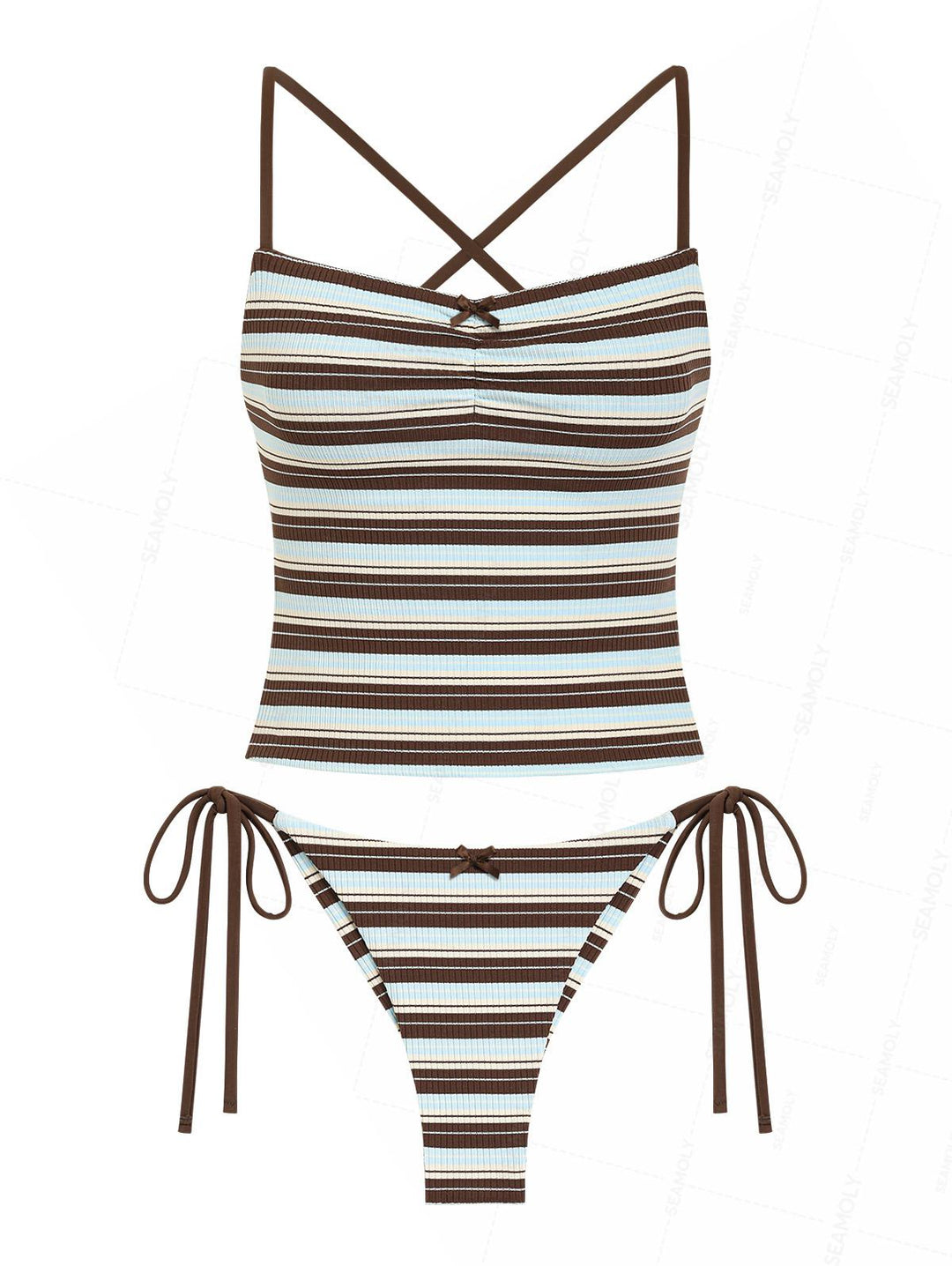 Seamolly Striped Crisscross Lace Up Tank Top & Cheeky Brazilian Bottom Tankini Set
