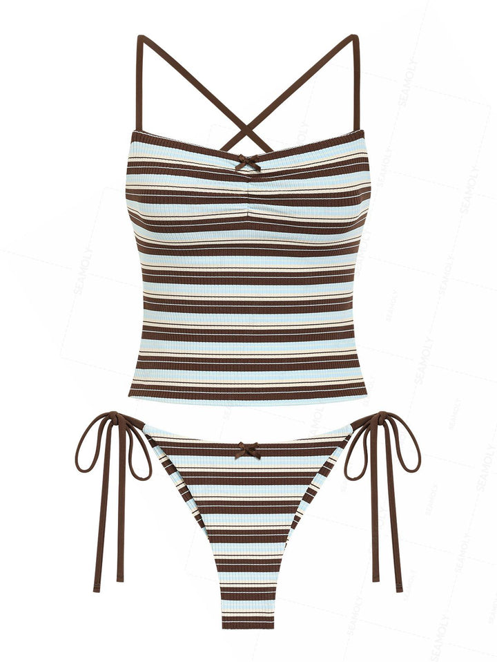 Seamolly Striped Crisscross Lace Up Tank Top & Cheeky Brazilian Bottom Tankini Set