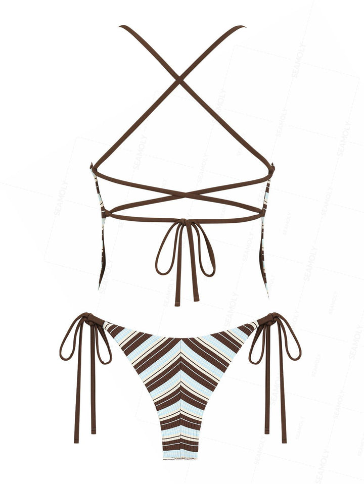 Seamolly Striped Crisscross Lace Up Tank Top & Cheeky Brazilian Bottom Tankini Set