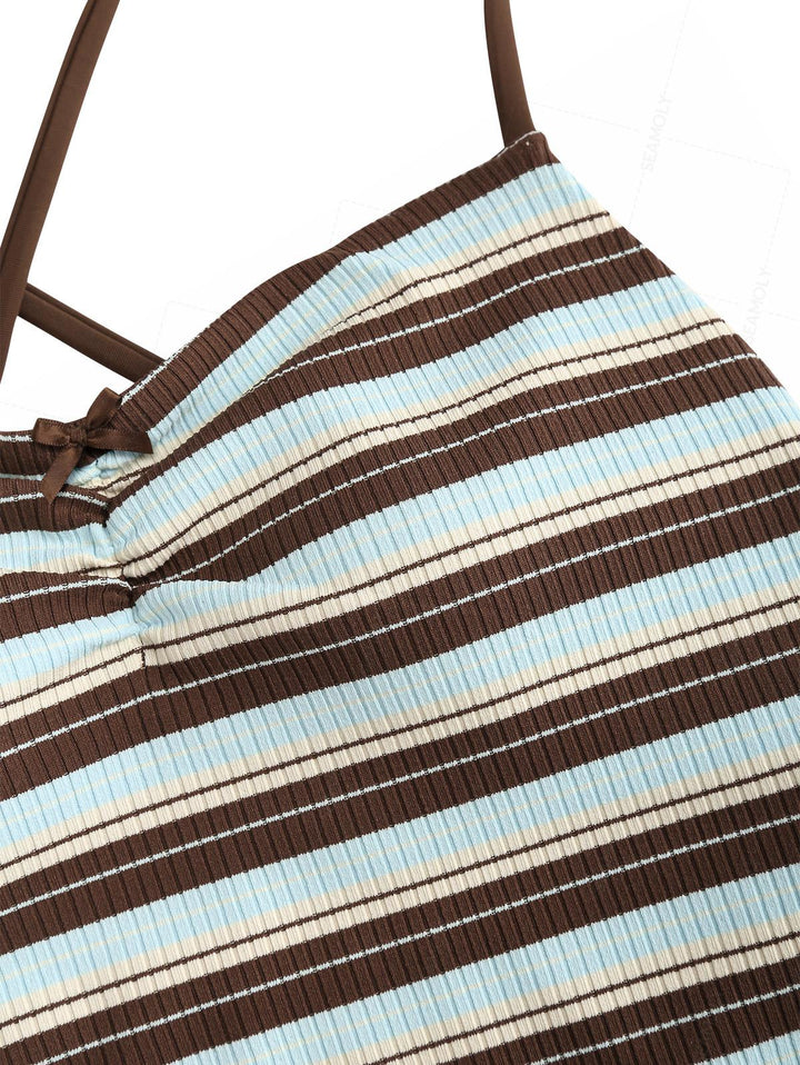 Seamolly Striped Crisscross Lace Up Tank Top & Cheeky Brazilian Bottom Tankini Set