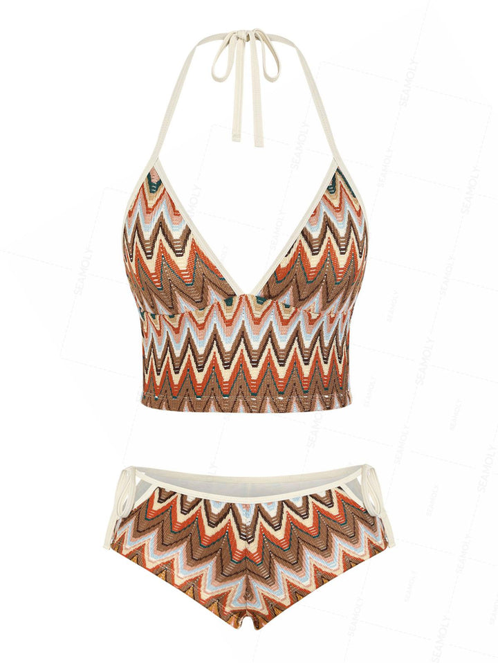 Seamolly Crochet Chevron Halter Cutout Tied Side Cheeky Boyshorts Tankini Set