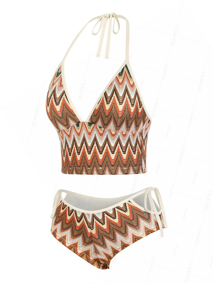 Seamolly Crochet Chevron Halter Cutout Tied Side Cheeky Boyshorts Tankini Set