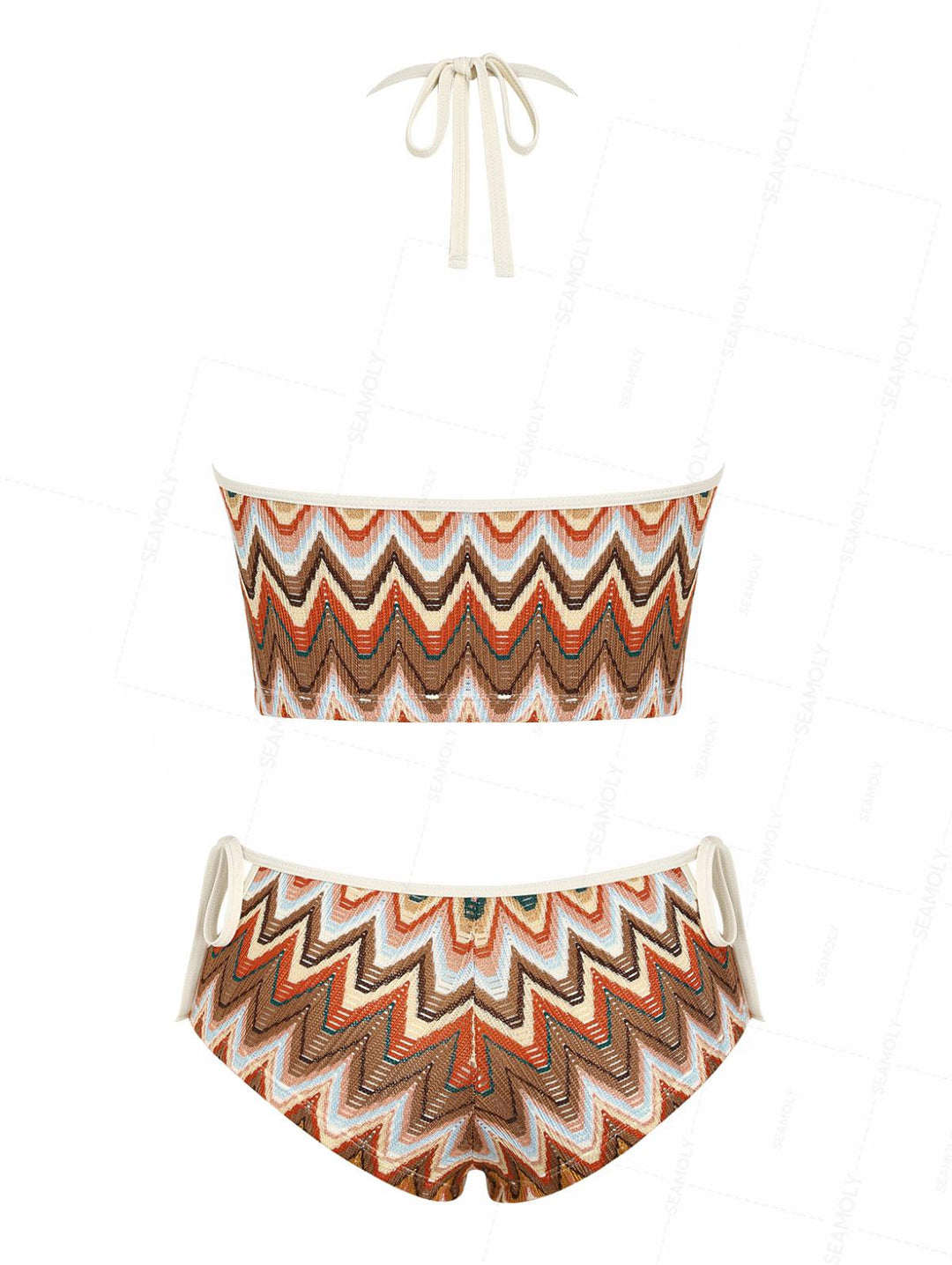 Seamolly Crochet Chevron Halter Cutout Tied Side Cheeky Boyshorts Tankini Set