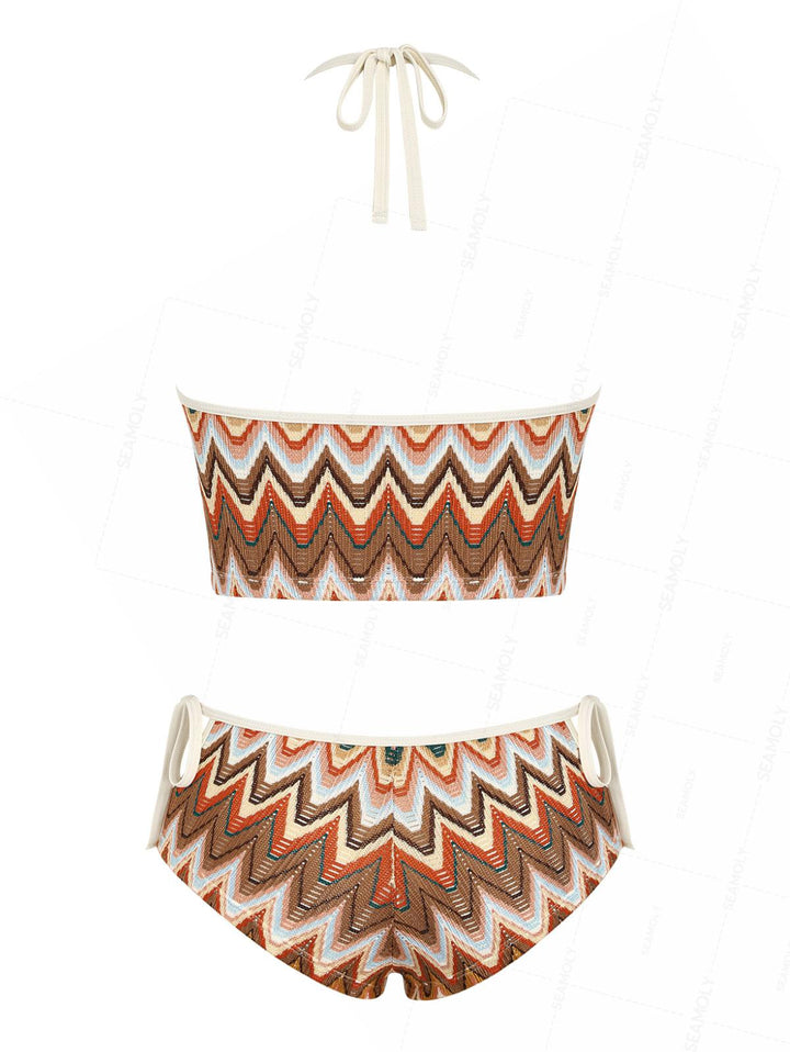 Seamolly Crochet Chevron Halter Cutout Tied Side Cheeky Boyshorts Tankini Set