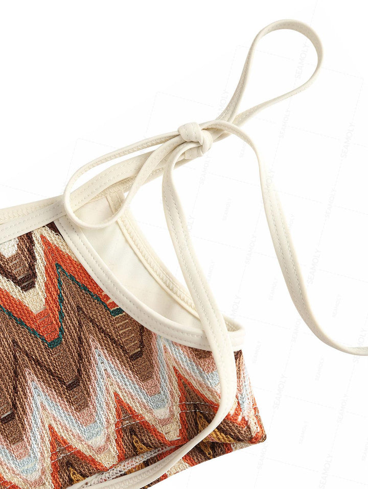 Seamolly Crochet Chevron Halter Cutout Tied Side Cheeky Boyshorts Tankini Set