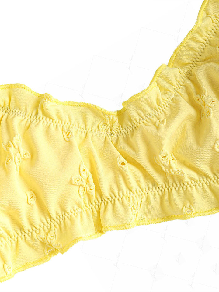 Yellow Recycled Fabric Jacquard Ruffles Edge Bralette Bikini Set