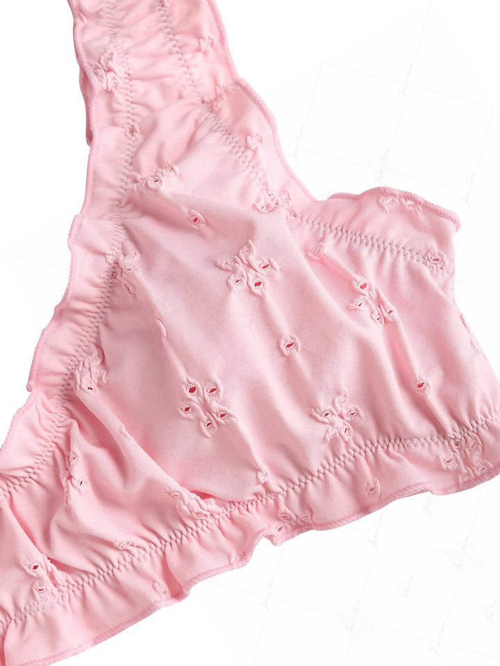 Pink Recycled Fabric Jacquard Ruffles Edge Bralette Bikini Set