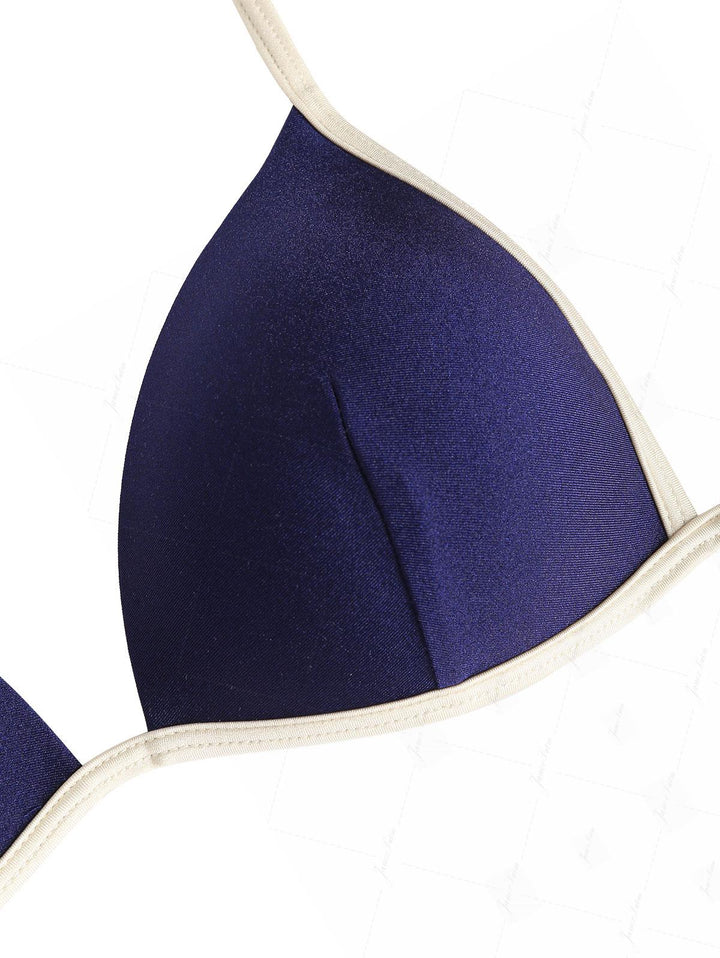 Deep Blue Contrast Binding Triangle Push Up Cheeky Boyshorts Bikini Set